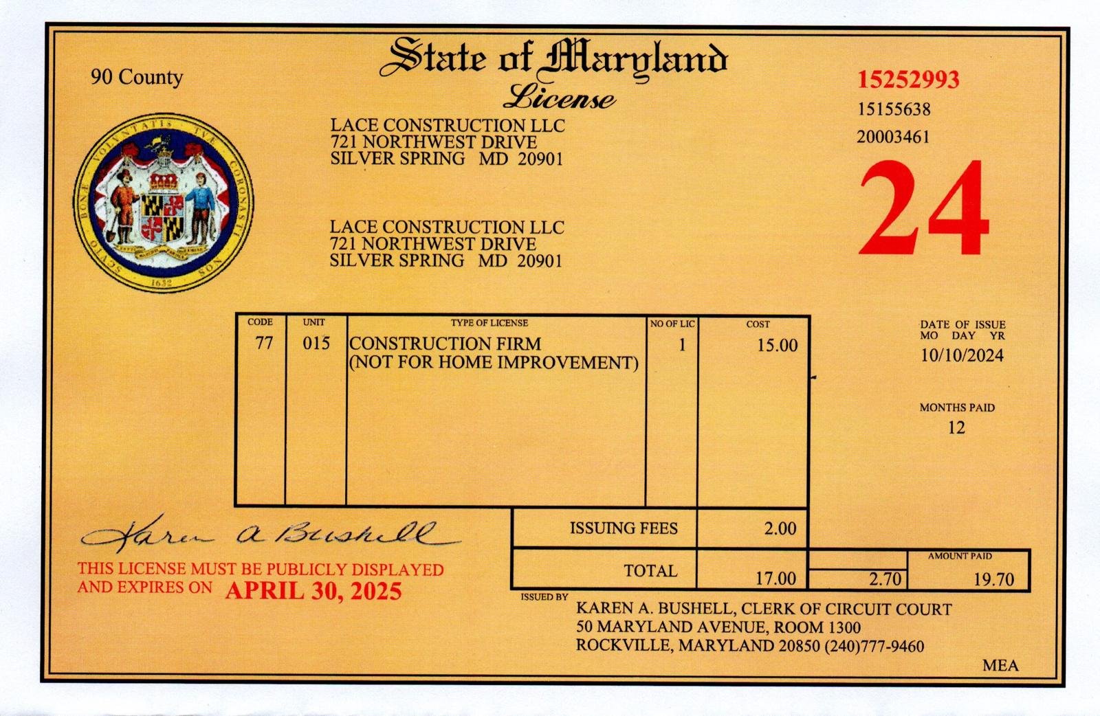 Construction firm Maryland license 2