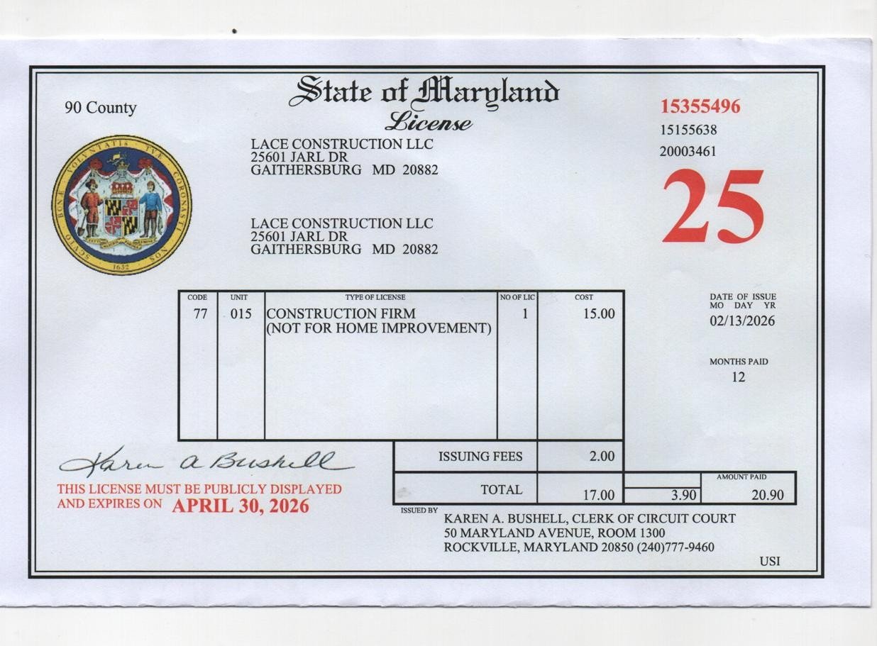 Construction firm Maryland license 2026